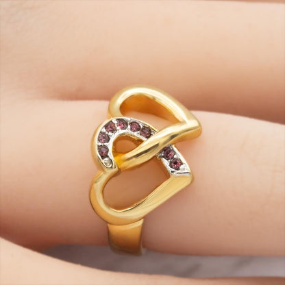 Women's Vintage Ring Amethyst Austrian Crystal Double Heart Ring 18k Gold Electroplated