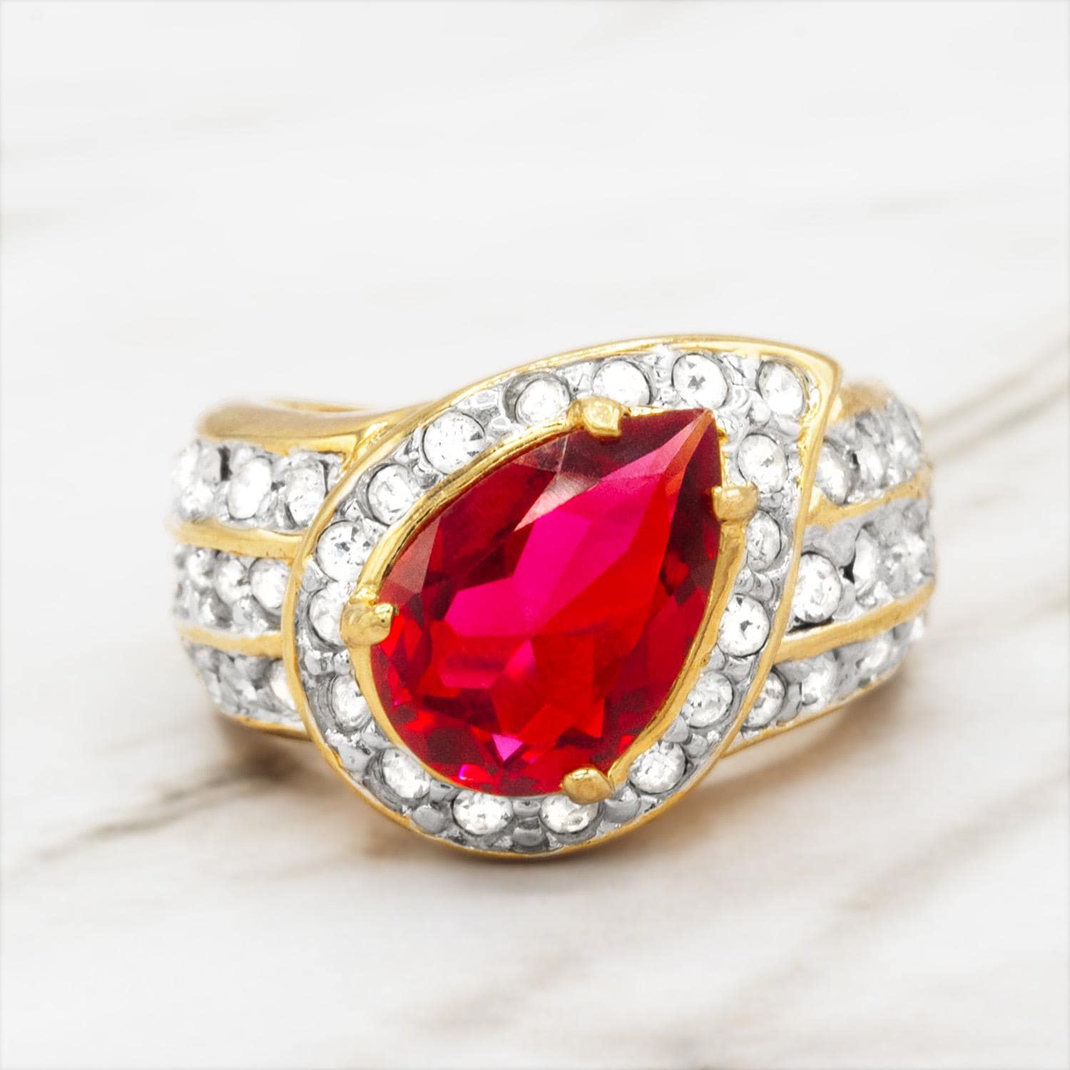 Vintage 1980s Ruby Red Teardrop Austrian Crystal Statement Ring – 18k Gold Electroplated jewelry image 1