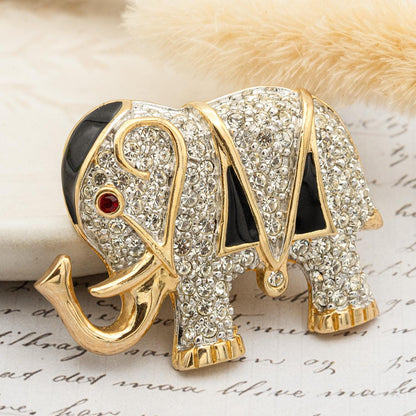 Vintage Women's Brooch Pin Elephant Clear Crystals & Ruby Eye Hand Painted Good Luck