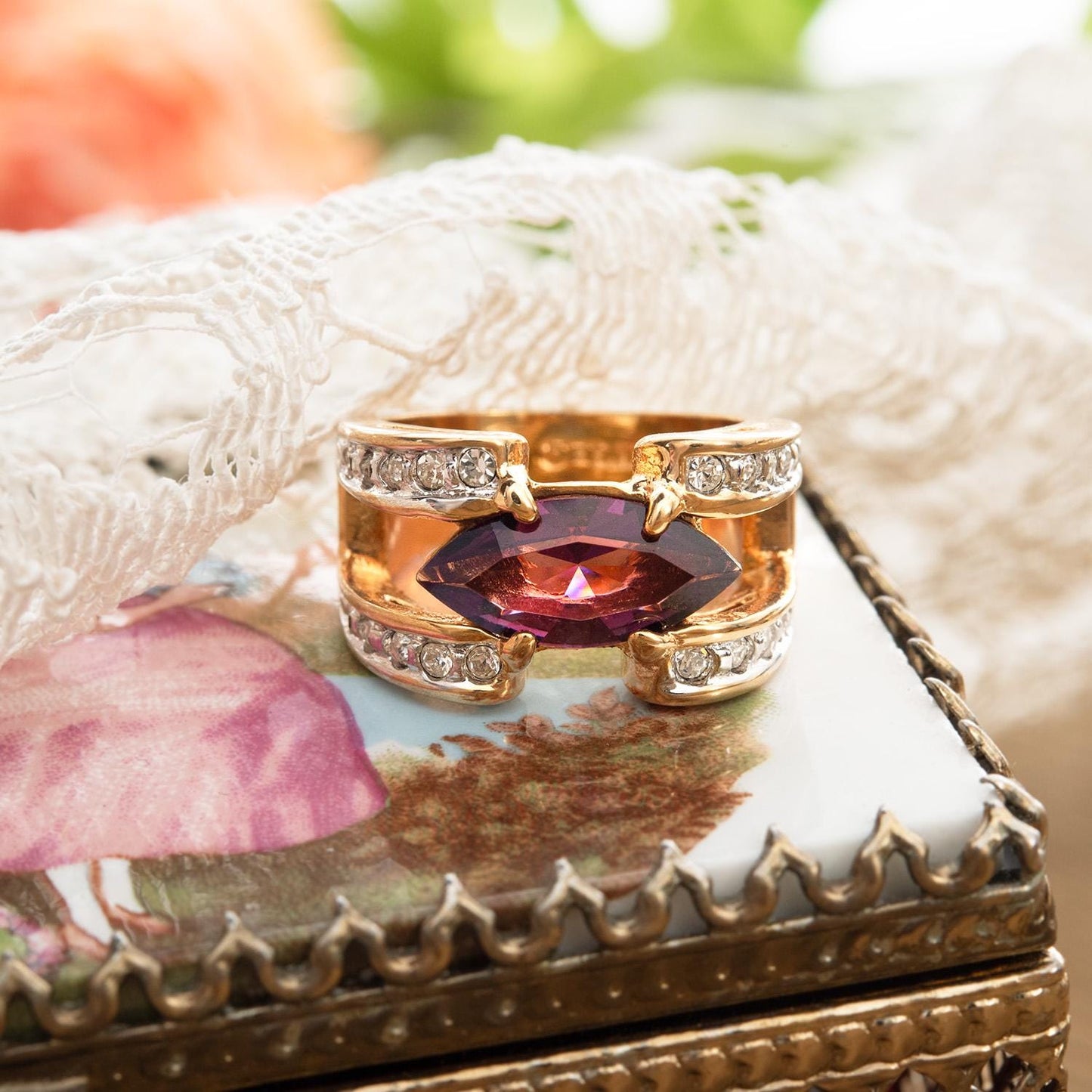 Vintage Marquise  Ring Cubic Zirconia 18k Gold Electroplated Handmade Antique Jewelry Rings Purple for Women February Birthstone