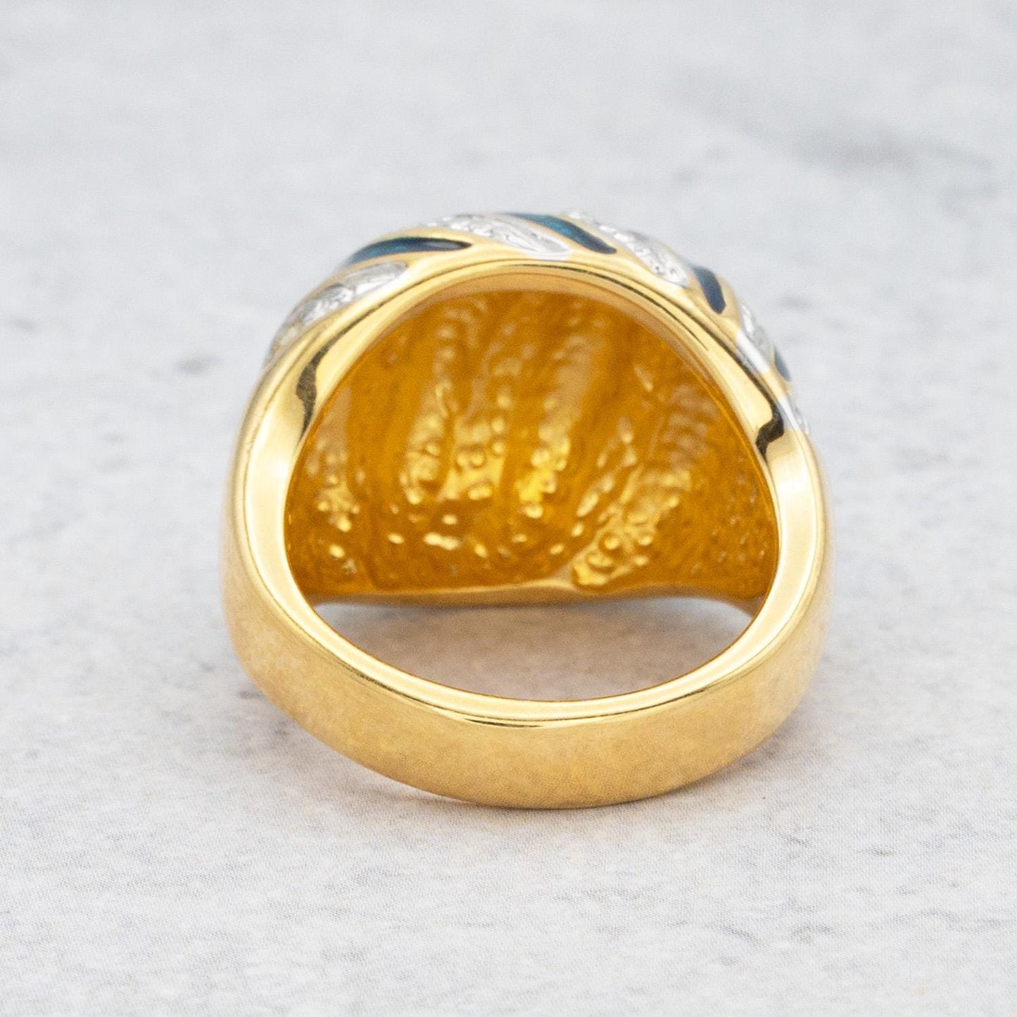 Vintage Hand Painted Emerald Green & Crystal Ring 18k Gold Electroplated Womens Dome Ring Statement Rings