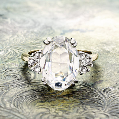 Vintage Clear Austrian Crystal Ring 18k Yellow Gold Electroplated Made in USA R1301