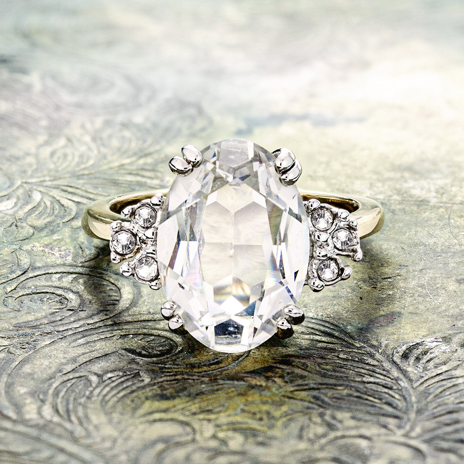 Vintage Clear Austrian Crystal Ring 18k Yellow Gold Electroplated Made in USA R1301