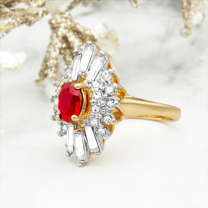 Vintage Ring 1970's Ruby and Clear Austrian Crystals 18k Gold Antique Jewelry for Women - Limited Stock - Never Worn Cocktail Ring