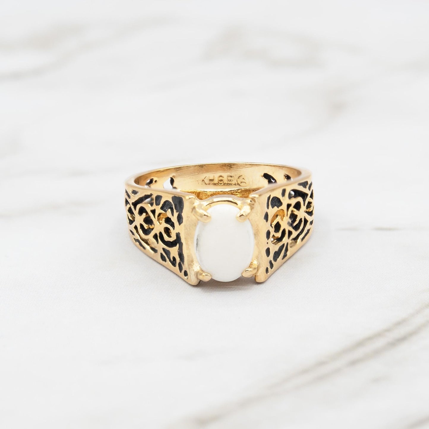 Genuine Chinese Jade Vintage Cocktail Ring – 18k Gold Electroplated Filigree Band Made in USA jewelry image 1
