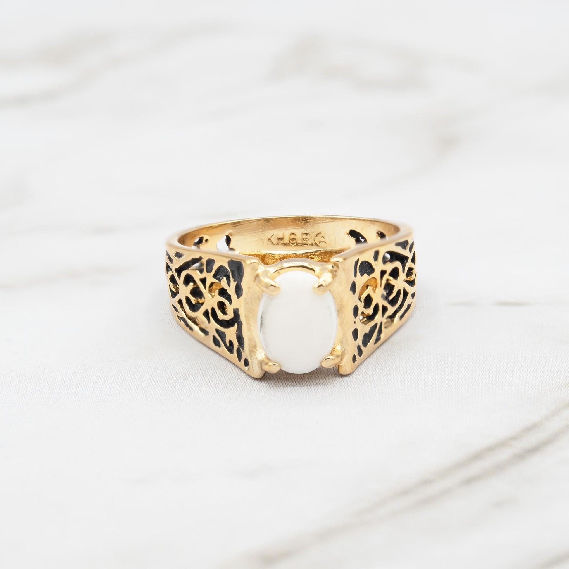 Genuine Chinese Jade Vintage Cocktail Ring – 18k Gold Electroplated Filigree Band Made in USA jewelry image 1