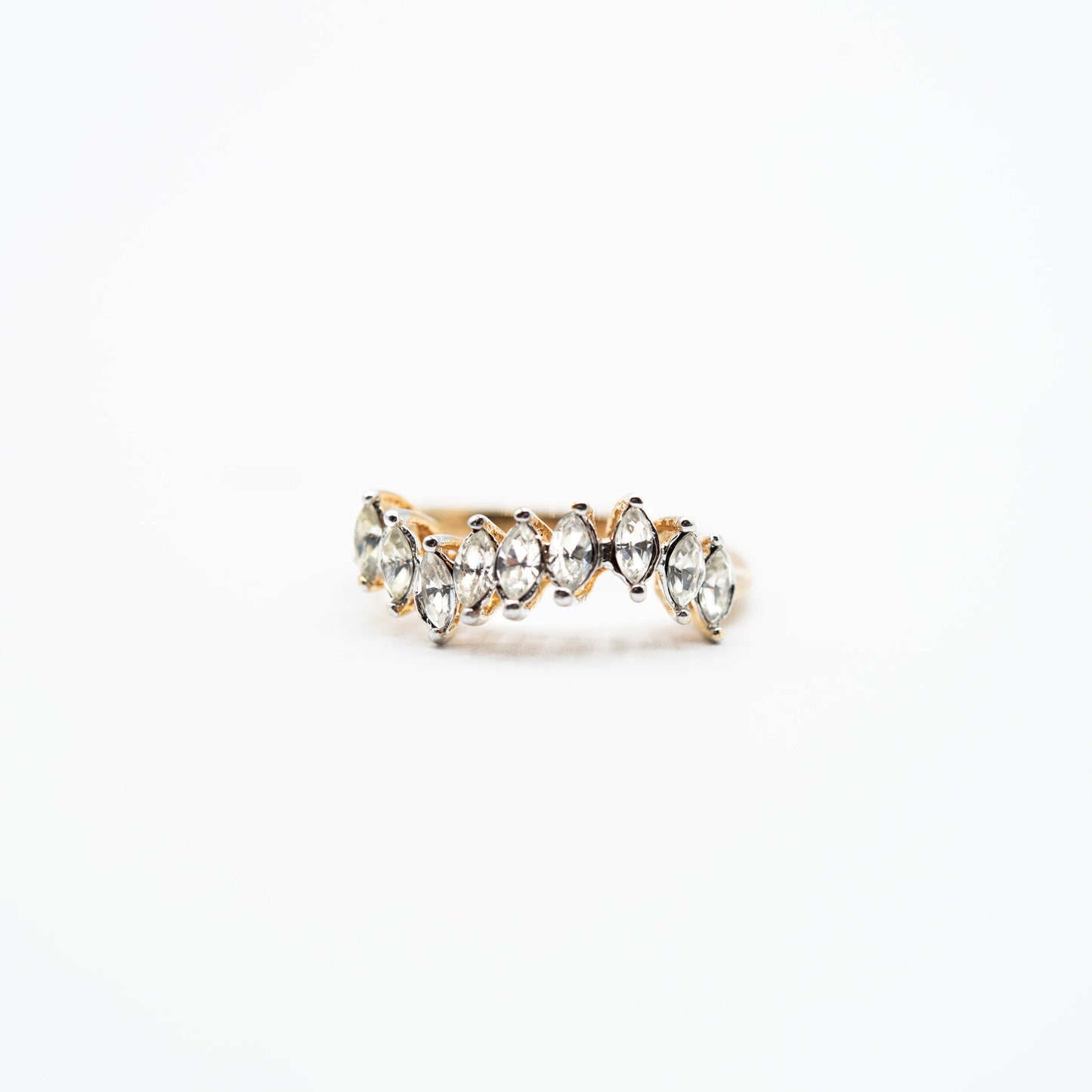 Womens Vintage 1980s Crystal Band Ring 18k Yellow Gold Electroplated Mid Century Layering Wedding Band Wave Ring Womans Rings Jewelry April