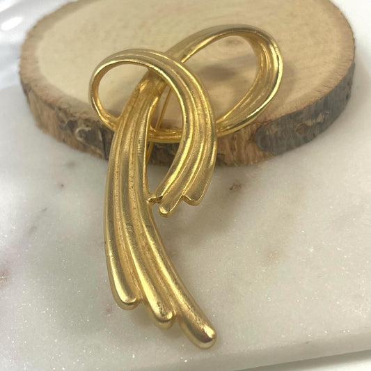 Vintage Brooch Matte Gold Loop Bow Design Pin Brooch 18k Gold Plated Antique Womans Jewelry Mid Century Style Lapel Pin Coat Jacket Brooch