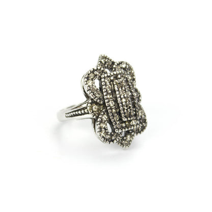 Vintage Crystal Cocktail Ring Antique 18k White Gold Electroplated Made in USA