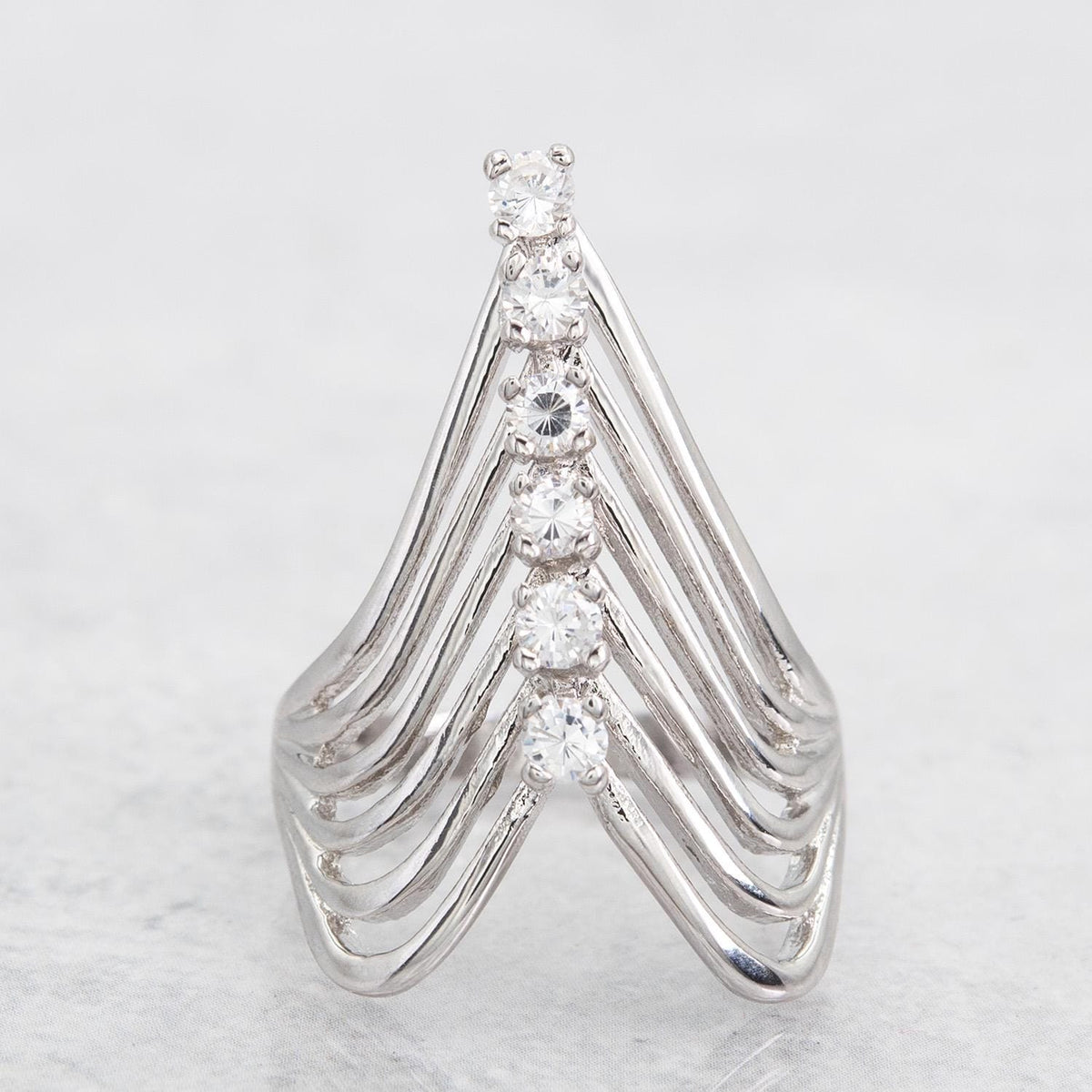 Vintage 1980s Cubic Zirconia Women's Statement Ring 18k Gold Electroplated V Shape Mid Century Design