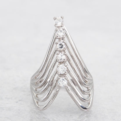 Vintage 1980s Cubic Zirconia Women's Statement Ring 18k Gold Electroplated V Shape Mid Century Design