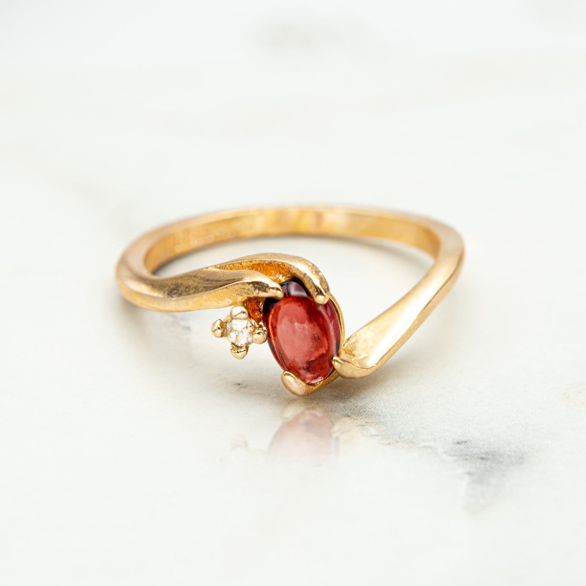 Vintage Genuine Ruby Cabochon and Clear Austrian Crystal Ring - 18k Gold Electroplated jewelry image 1