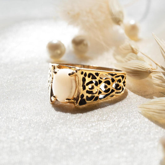 Genuine Chinese Jade Vintage Cocktail Ring – 18k Gold Electroplated Filigree Band Made in USA jewelry image 1