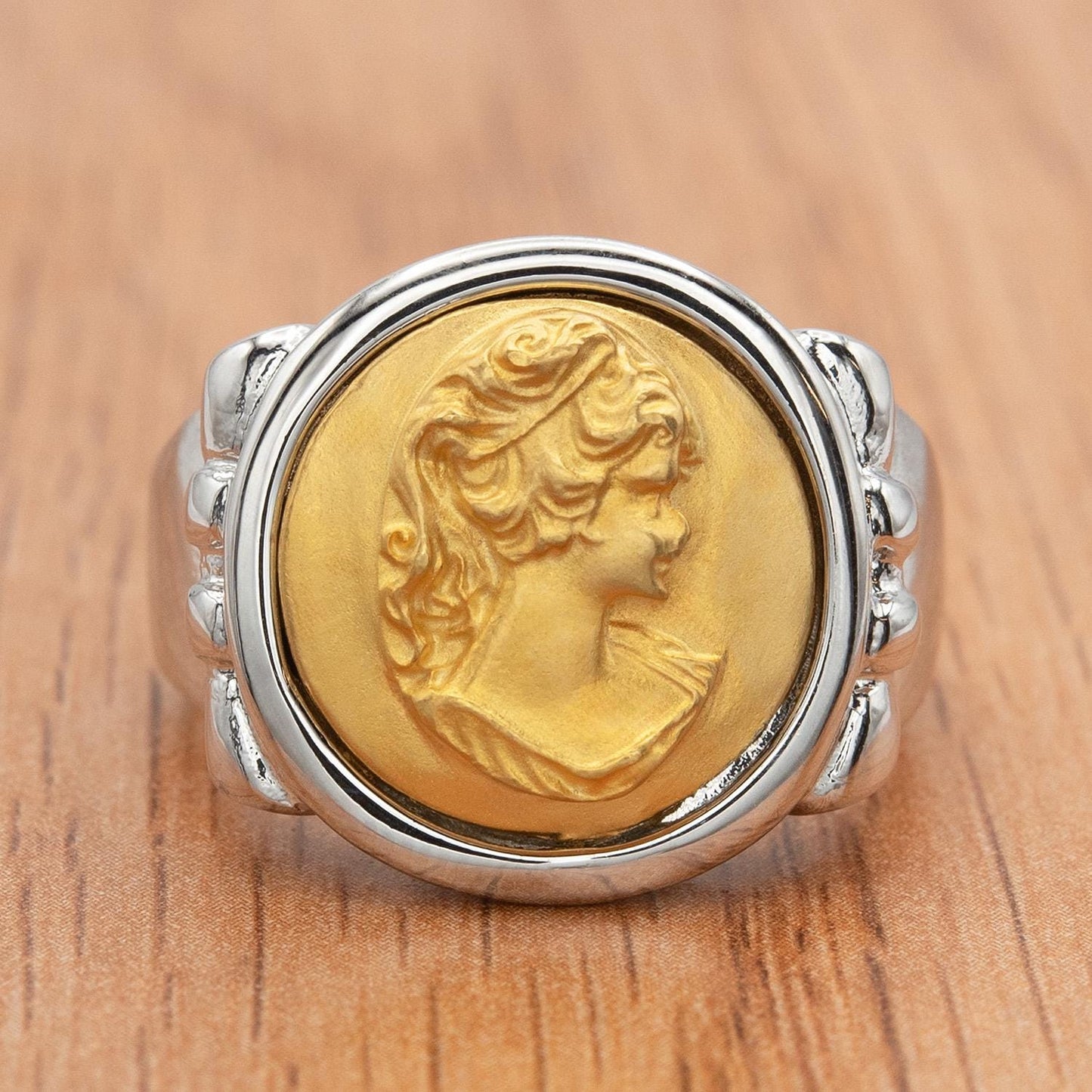 Womens Vintage Cameo Ring 18kt White and Yellow Gold Victorian Lady Cameo Jewelry for Women Statement Ring Girls Unique Rings