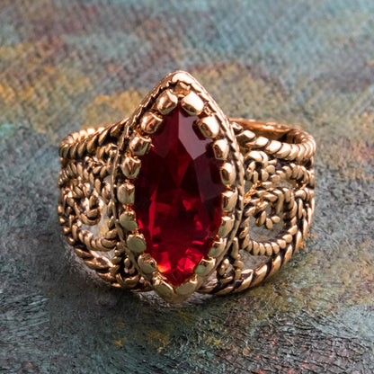 Vintage Edwardian Style Filigree Ring with Ruby Red Austrian Crystal – 18k Gold Electroplated jewelry image 1