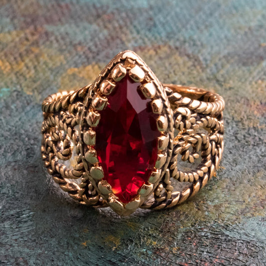 Vintage Edwardian Style Filigree Ring with Ruby Red Austrian Crystal – 18k Gold Electroplated jewelry image 1