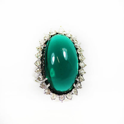 Vintage Emerald Green Cabochon Crystal Cocktail Ring - 18kt Yellow Gold Electroplated with Clear Austrian Crystals jewelry image 1