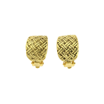 Vintage Oscar de la Renta Clip Earrings Antique Yellow Gold Basket Weave Design