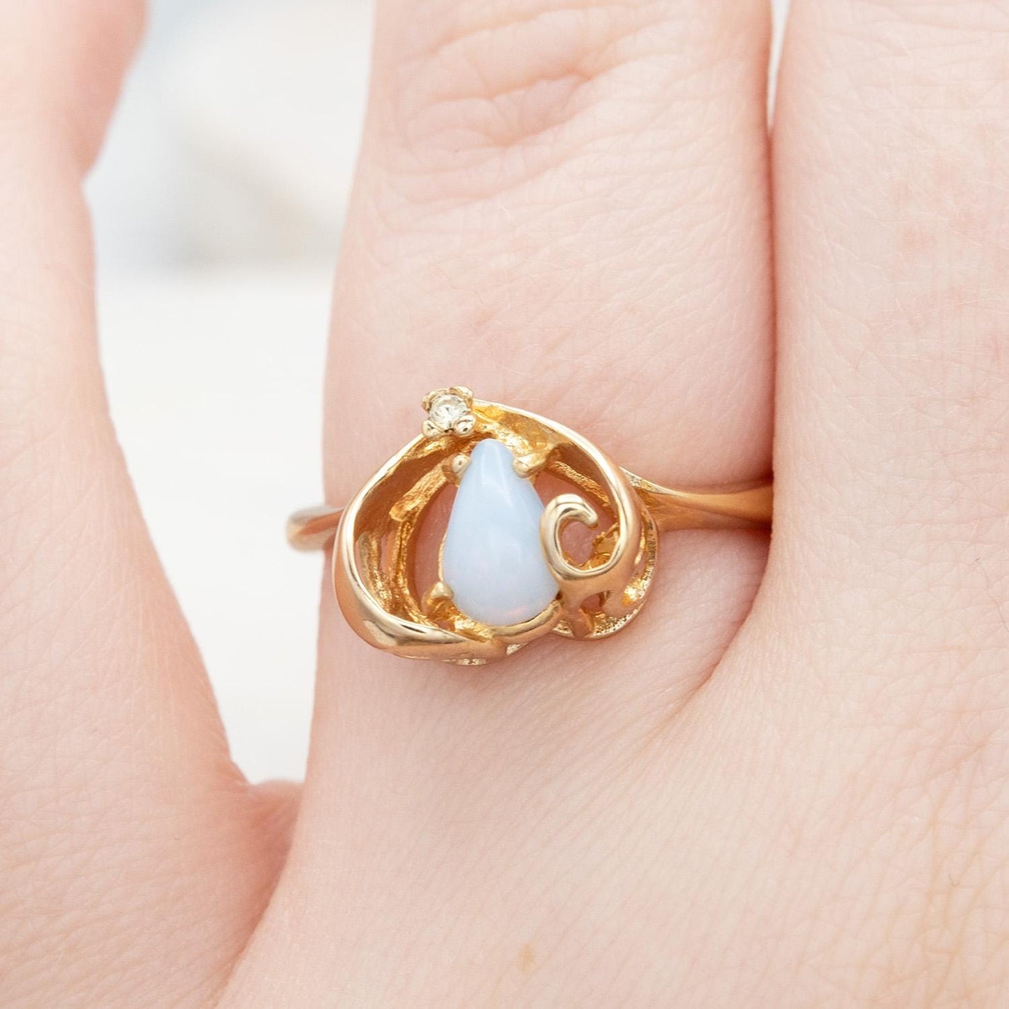 Vintage 18k Gold Electroplate Genuine Pinfire Opal Ring Austrian Crystal Heart Shape October Birthstone Ring for Women Dainty Girls Rings