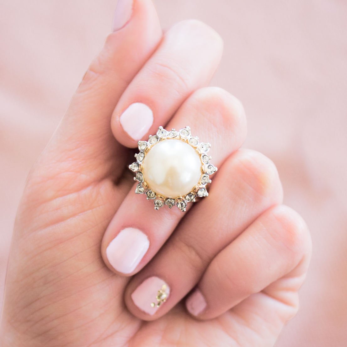 Vintage 1970's Pearl Bead and Austrian Crystal Ring 18k Yellow Gold Electroplated Made in USA