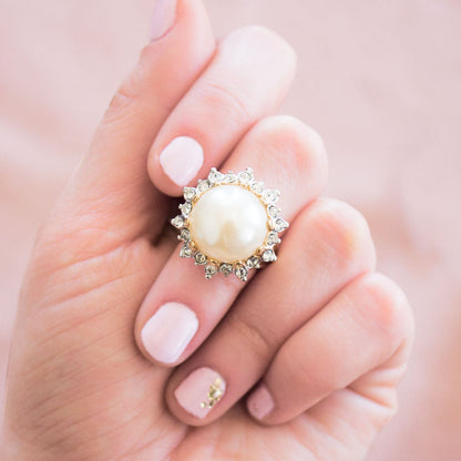 Vintage 1970's Pearl Bead and Austrian Crystal Ring 18k Yellow Gold Electroplated Made in USA