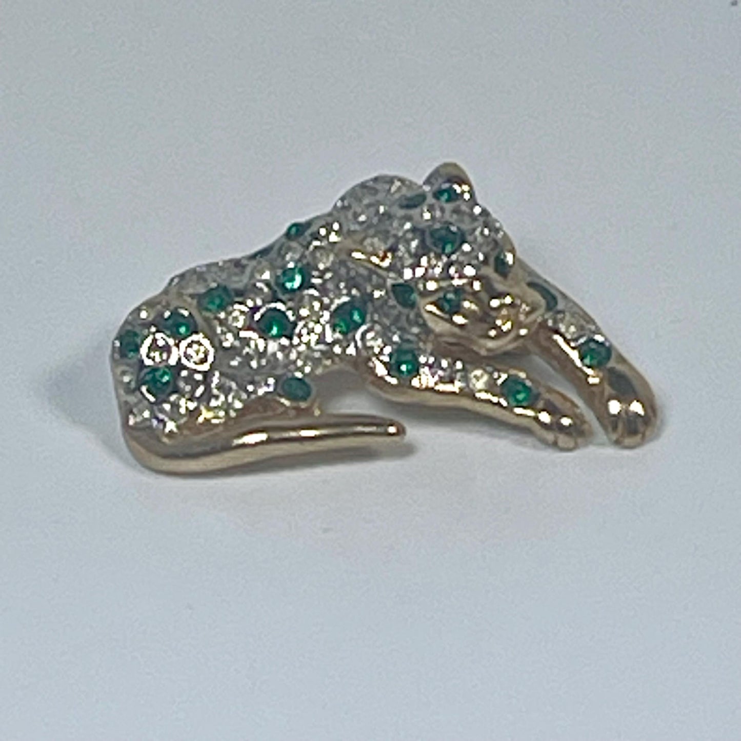 Vintage Emerald Tiger Pin Austrian Clear & Emerald Crystals Antique Brooch Unique Hand Made Gift for Women Signifies Natural Leader Only one
