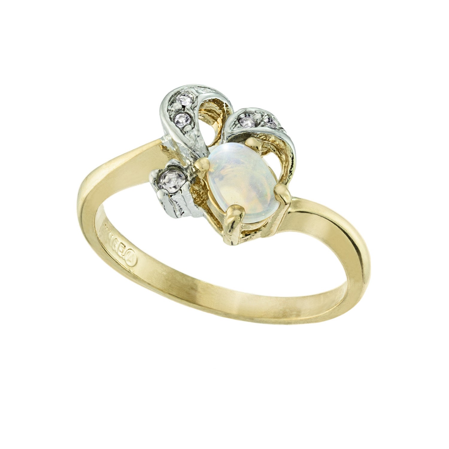 Vintage Genuine Jelly Opal and Clear Austrian Crystal Ring 18k Yellow Gold Electroplated Made in the USA