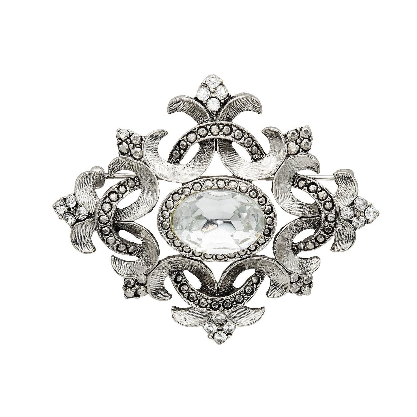 Vintage Oscar de la Renta Brooch White Gold Pin Luxury Designer Jewelry Austrian Crystals Womans Antique Estate Jewelry