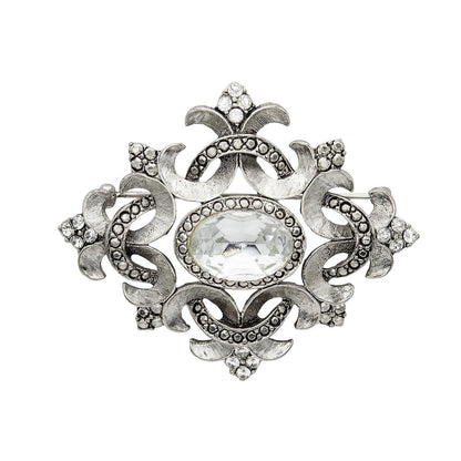Vintage Oscar de la Renta Brooch White Gold Pin Luxury Designer Jewelry Austrian Crystals Womans Antique Estate Jewelry