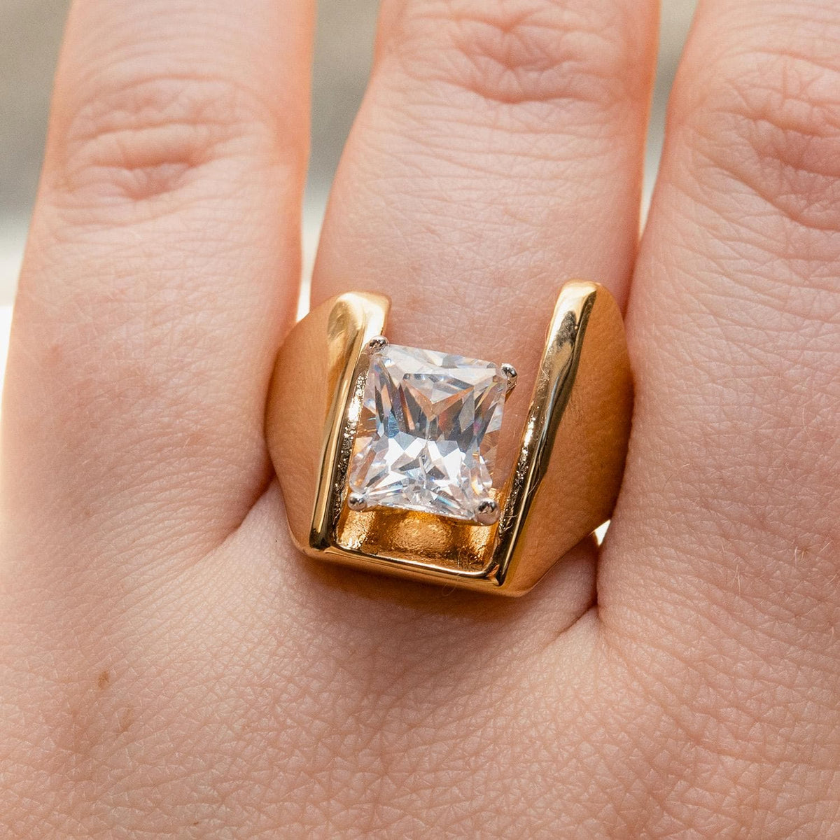 Vintage 18KT Gold Electroplated Cubic Zirconia Ring 4 CT Solitaire Emerald Cut Woments Statement Ring
