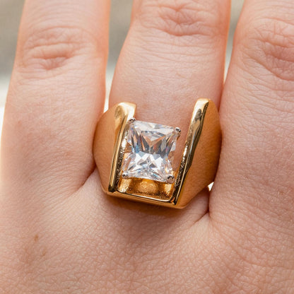 Vintage 18KT Gold Electroplated Cubic Zirconia Ring 4 CT Solitaire Emerald Cut Woments Statement Ring