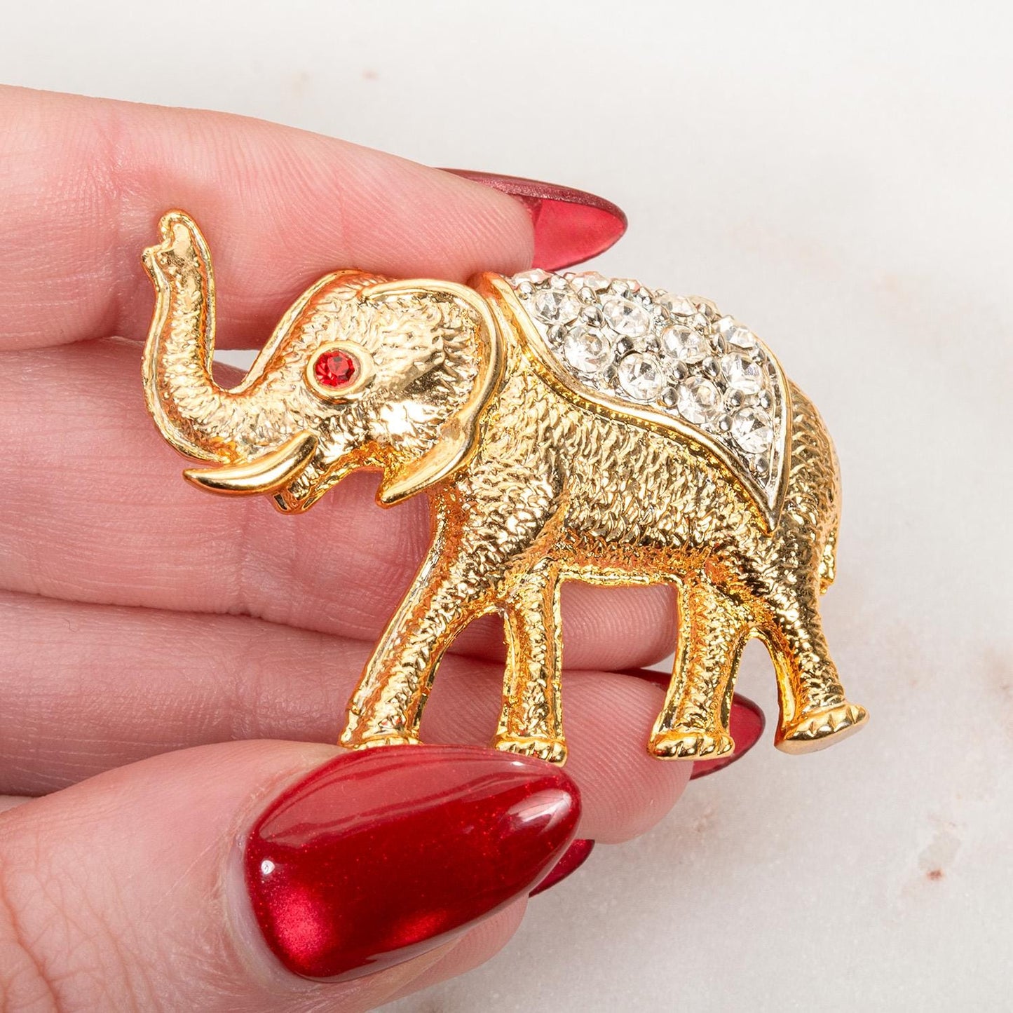 Vintage Women's Brooch Pin Elephant Clear Crystals & Ruby Eye Good Luck Only One Available