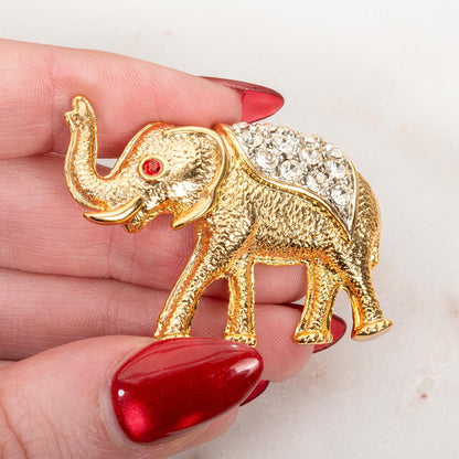 Vintage Women's Brooch Pin Elephant Clear Crystals & Ruby Eye Good Luck Only One Available