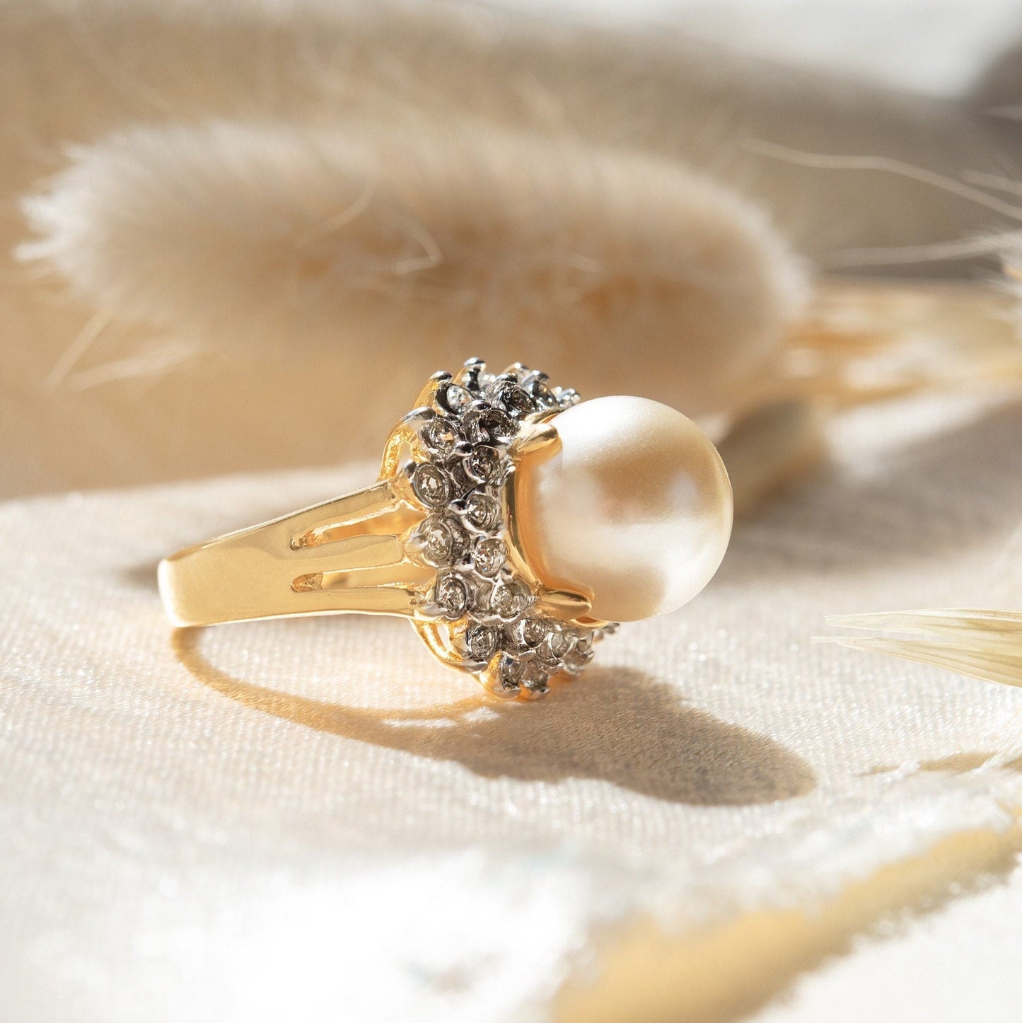 Vintage Ring 1970s Pearl Bead and Austrian Crystal Ring 18k Gold Limited Stock - Never Worn Women's Antique Jewelry