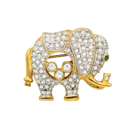 Vintage Women's Brooch Pin Elephant Clear Crystals & Emerald Eye Good Luck Only One Available