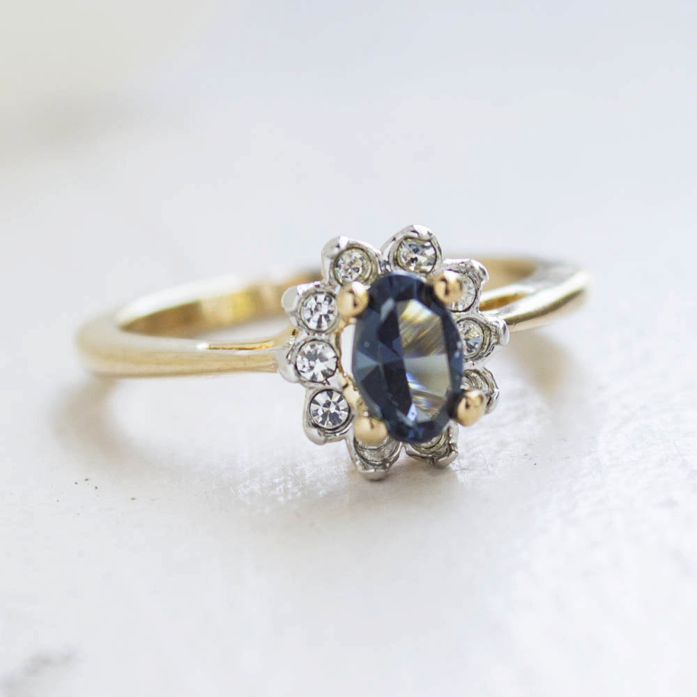 Vintage Sapphire Crystal Ring set with Clear Austrian Crystals on 18k Yellow Gold Electroplated