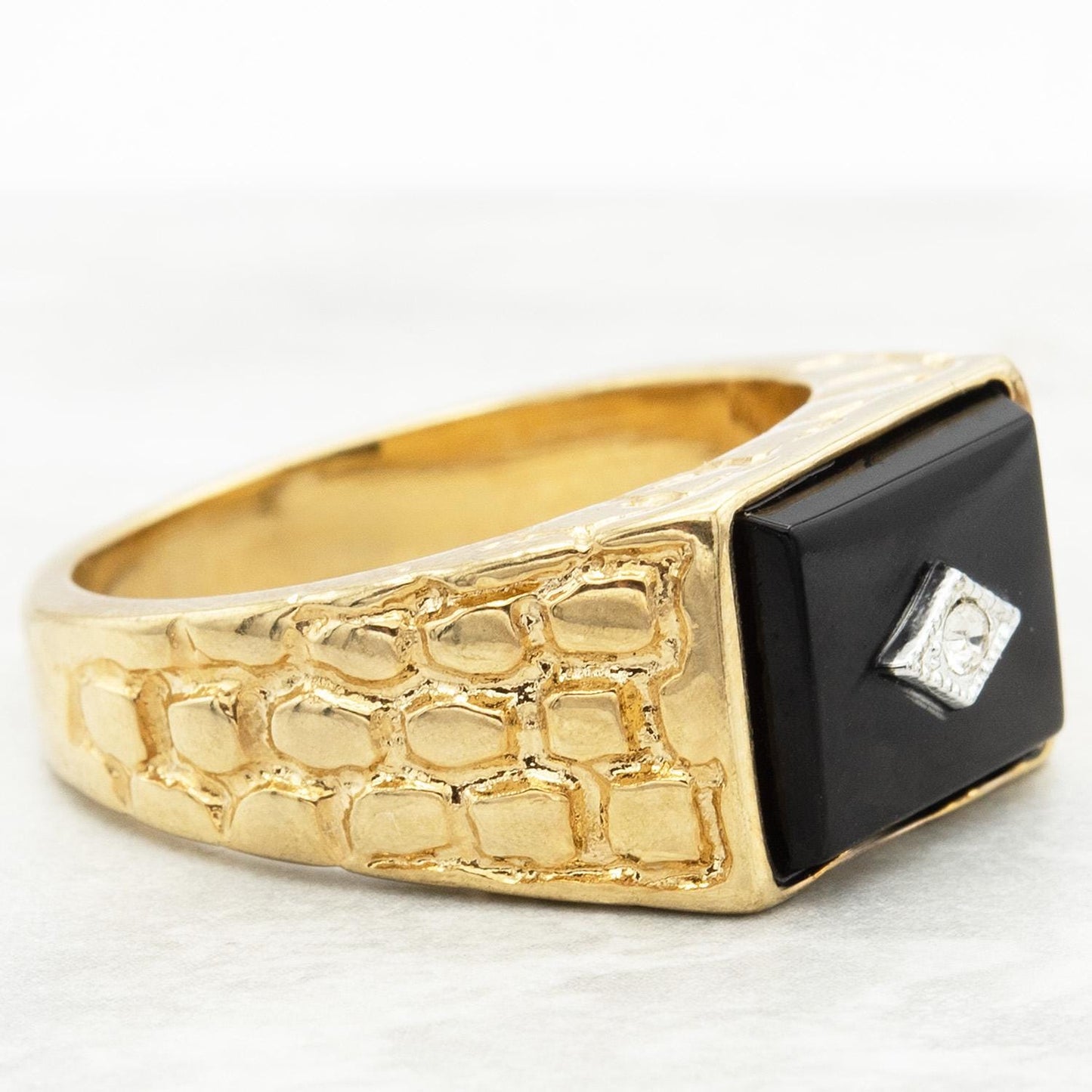 Vintage Ring 1980s Mens Onyx and Austrian Crystal 18kt Gold Plated Antique Ring #R6001 - Limited Stock - Never Worn