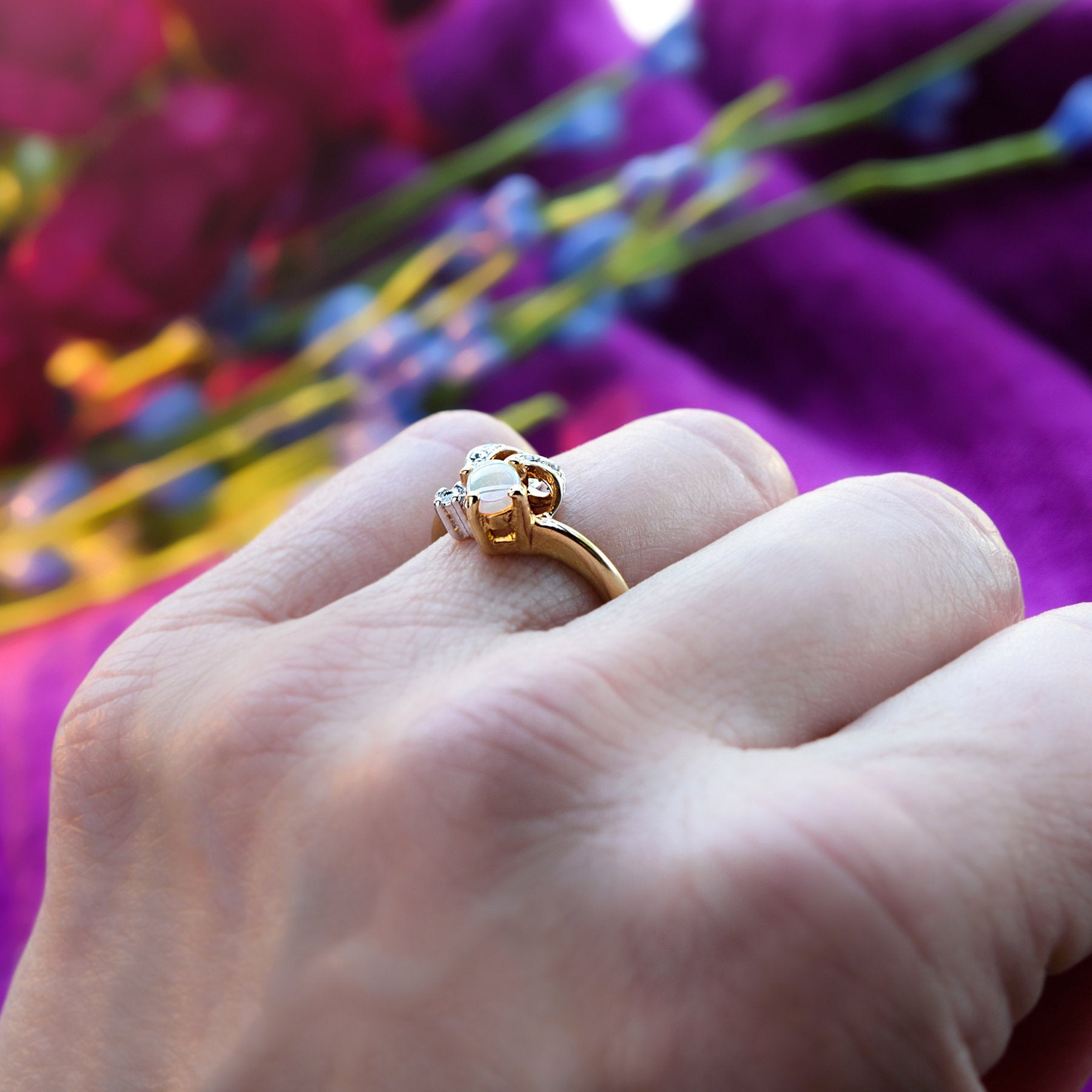 Vintage Genuine Jelly Opal and Clear Austrian Crystal Ring 18k Yellow Gold Electroplated Made in the USA