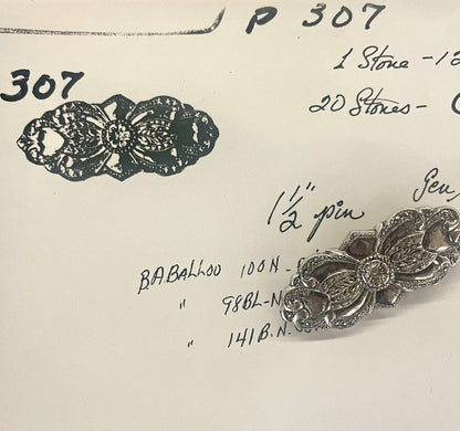Vintage Brooch Victorian Era Pin Design Diamond Chip Stone with 20 Genuine Marcasite Stones, 18kt White Gold Electroplated Antique Design