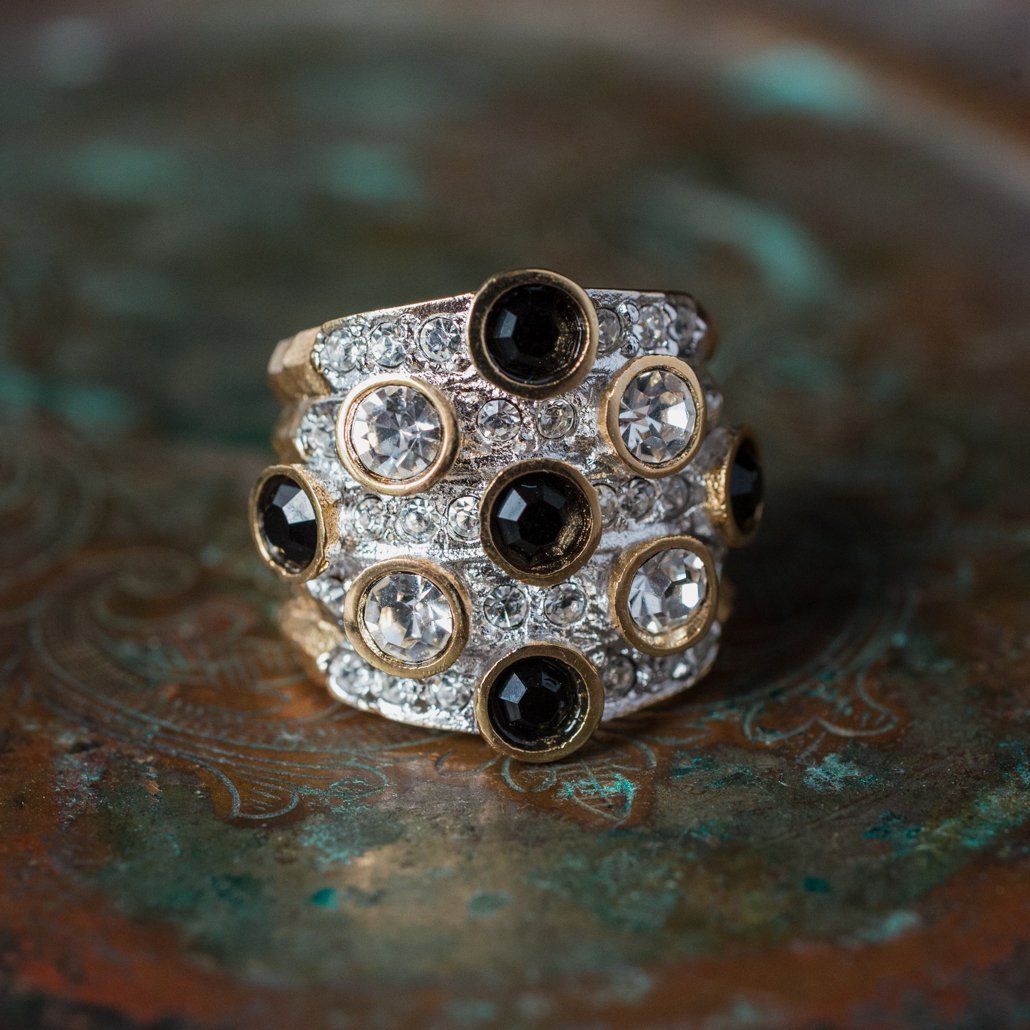 Vintage Pave Black and Clear Austrian Crystal Ring 18k Yellow Gold Electroplated Made in USA