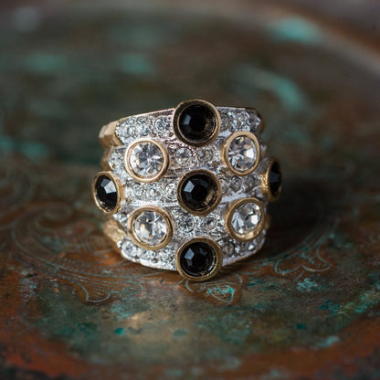 Vintage Pave Black and Clear Austrian Crystal Ring 18k Yellow Gold Electroplated Made in USA