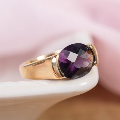 Vintage Womens Amethyst Austrian Crystal Ring 18k Yellow Gold Electroplated February Birthstone