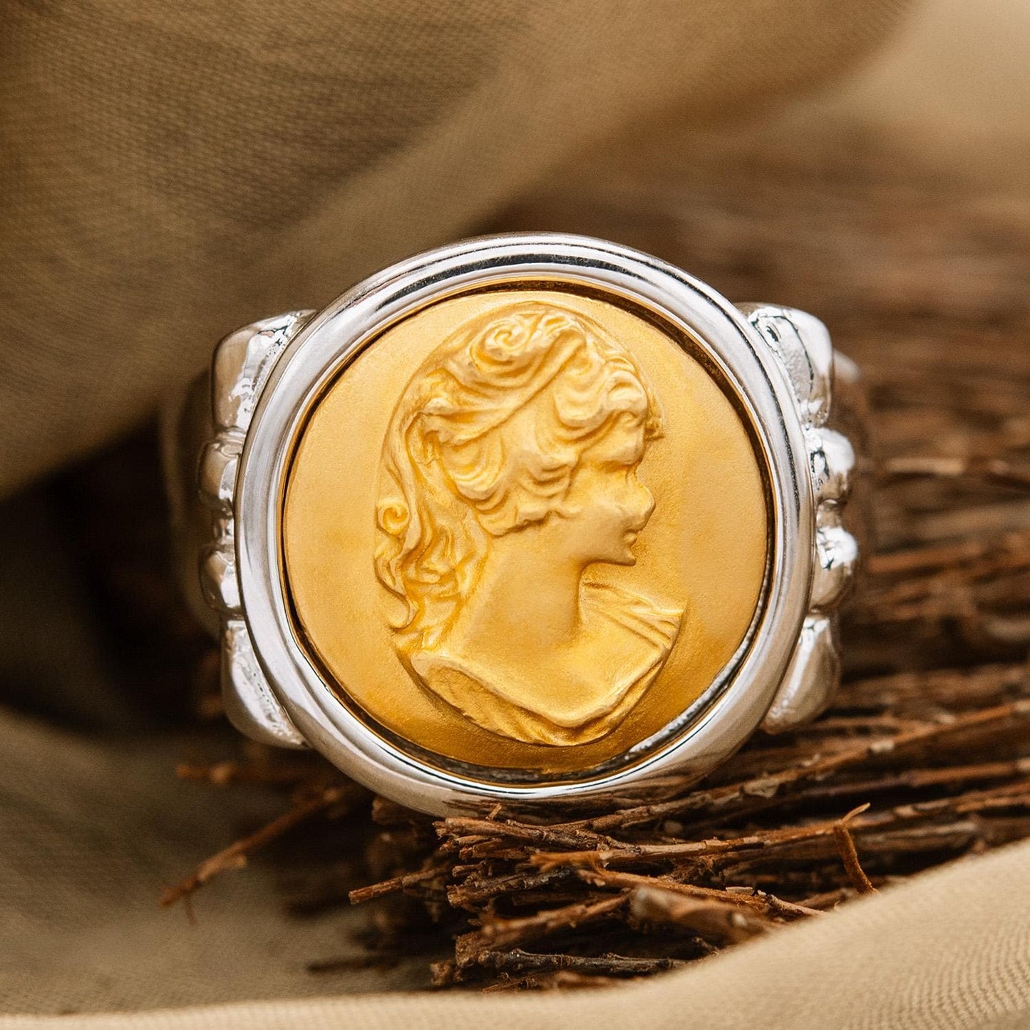 Womens Vintage Cameo Ring 18kt White and Yellow Gold Victorian Lady Cameo Jewelry for Women Statement Ring Girls Unique Rings
