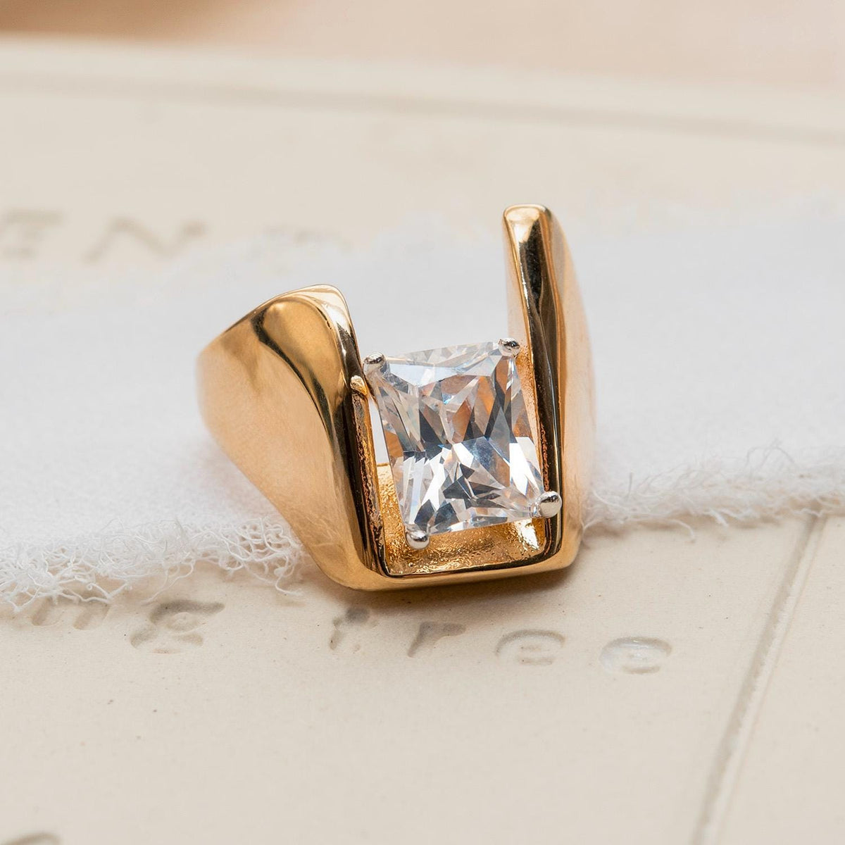 Vintage 18KT Gold Electroplated Cubic Zirconia Ring 4 CT Solitaire Emerald Cut Woments Statement Ring