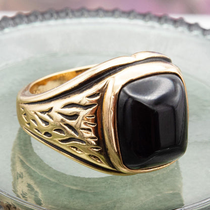 Vintage Ring 1980s Mens Black Onyx 18kt Gold Electroplated Ring Unisex Jewelry Gift for Men Dad Husband Father's Day Gift Men's Rings