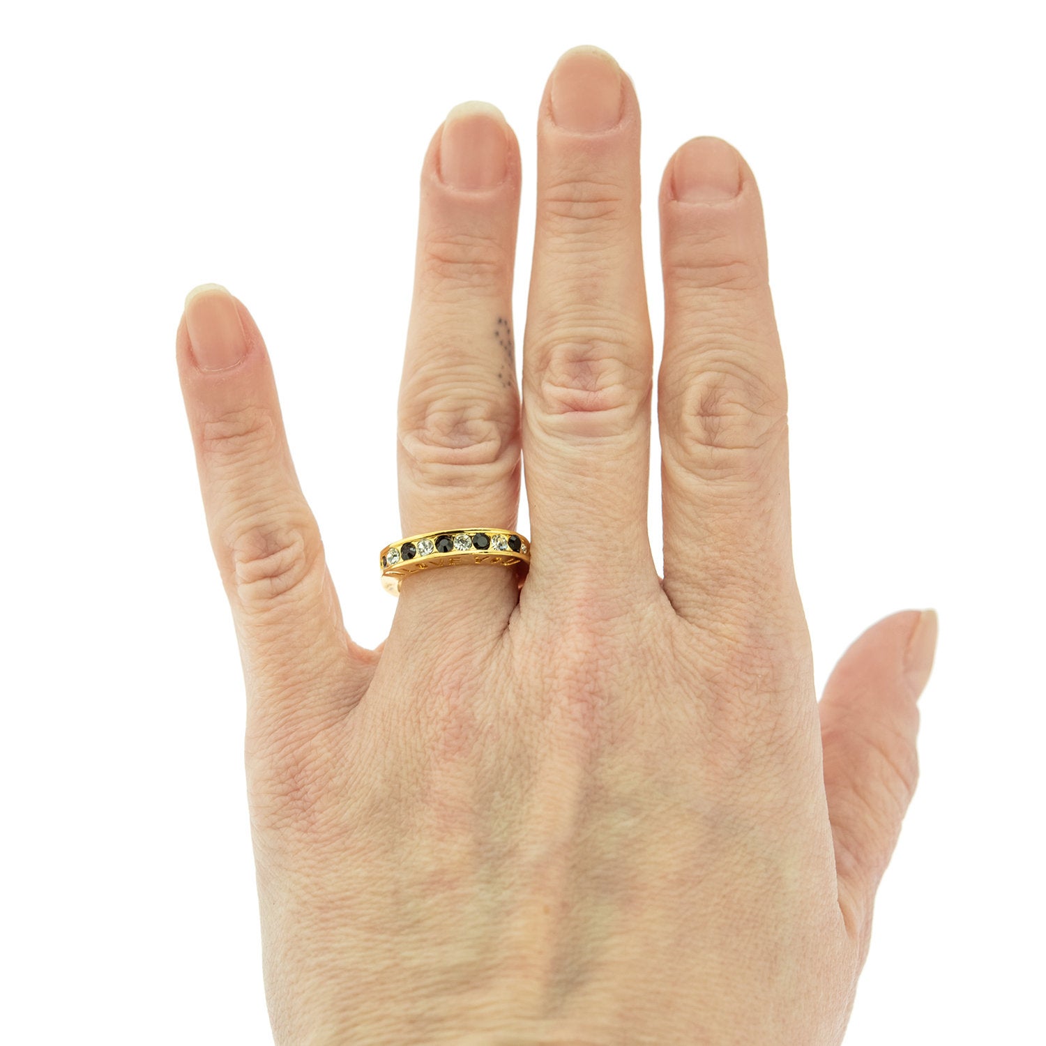 Vintage 1980s I Love You Ring Band Ring Garnet and Clear Austrian Crystals Imported