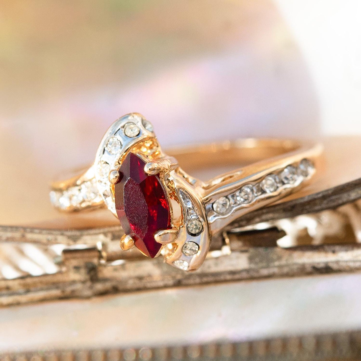 Vintage Woman's Antique Garnet Austrian & Clear Crystal Ring 18k Gold Electroplated USA Handmade