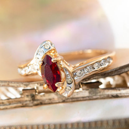 Vintage Woman's Antique Garnet Austrian & Clear Crystal Ring 18k Gold Electroplated USA Handmade