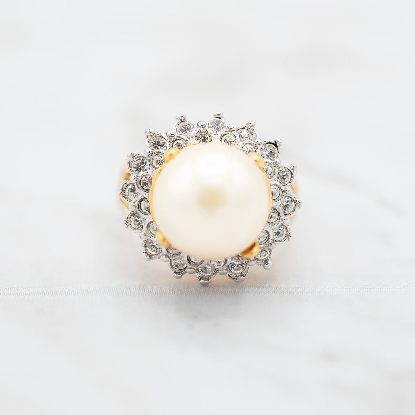 Vintage Ring 1970s Pearl Bead and Austrian Crystal Ring 18k Gold Limited Stock - Never Worn Women's Antique Jewelry