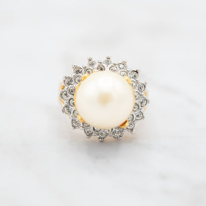 Vintage Ring 1970s Pearl Bead and Austrian Crystal Ring 18k Gold Limited Stock - Never Worn Women's Antique Jewelry